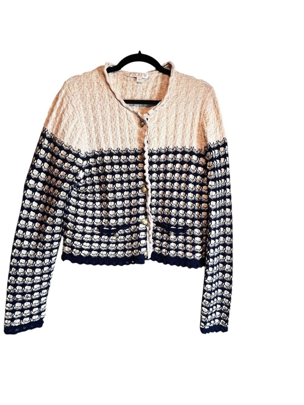 J.Crew Sweater Womens L Blue Knit Cardigan Textured Buttons Pockets Old Money
